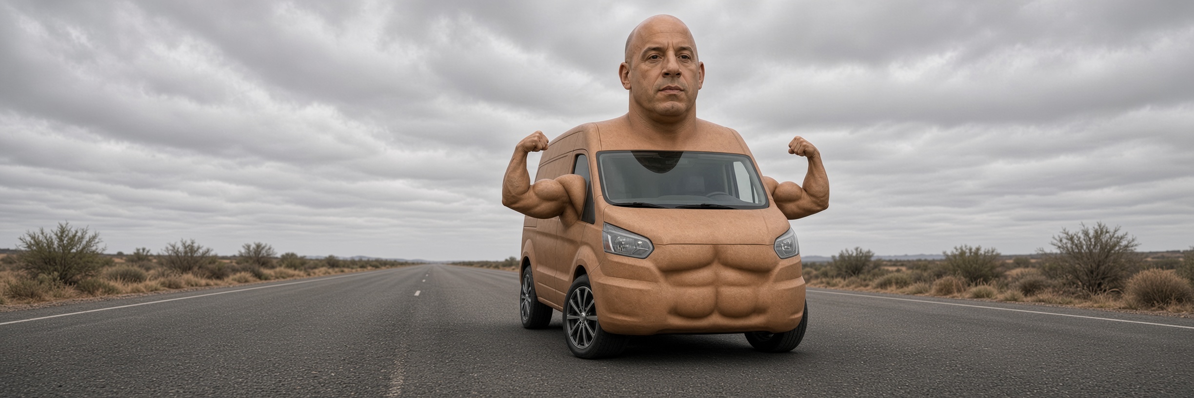 VAN DIESEL, a van made of Vin Diesel flexing both biceps on an empty desert highway
