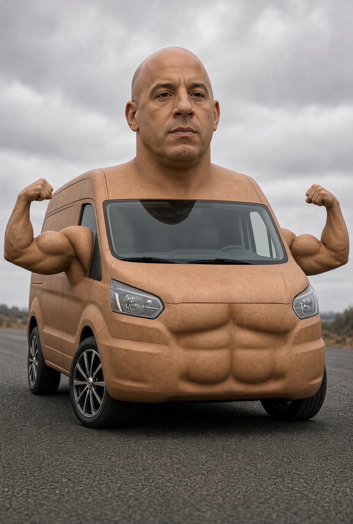 VAN DIESEL memecoin mascot, Vin Diesel as a muscular van flexing on the road